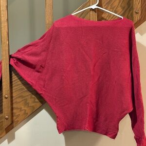 Red Ribbed Dolman Sleeve Sweater Batwing Boat Neck Knit Top